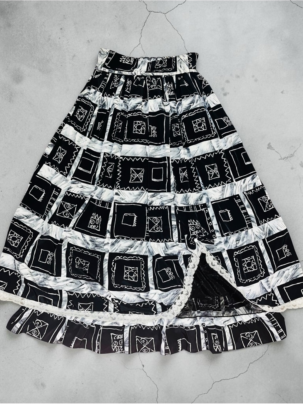 Black & White Geometric Maxi Skirt with Lace Trim